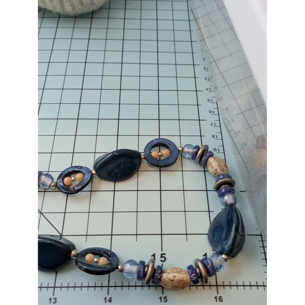 Long Artsy Beaded Necklace In Midnight Blue & Earthy Cream Colors Abstract 32